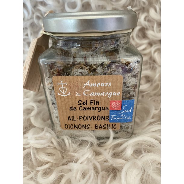 Kryddersalt, fint, med hvidlg, peberfrugt, lg, basilikum